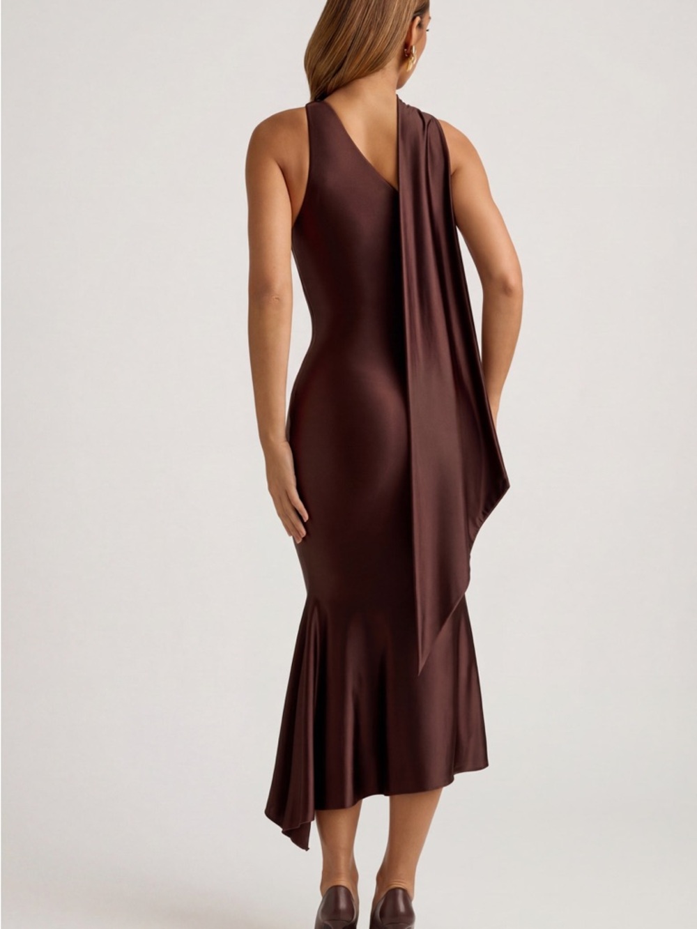 Oh Polly Shaya Asymmetric Scarf-Detail Midaxi Dress in Chocolate Brown - Picture 4 of 6